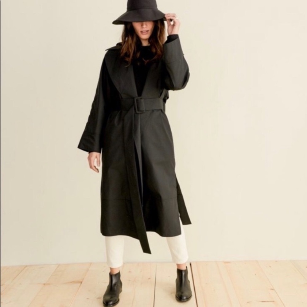 NEW Jenni Kayne Raincoat Trench Coat Long Coat Belted Hooded Black Large